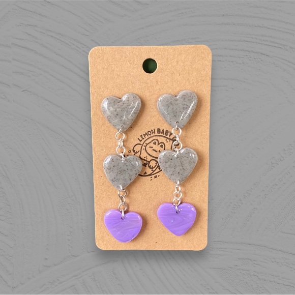 Handmade Lavender Purple and Speckled Grey Polymer Clay Earrings - Dainty Hearts - Picture 3 of 5